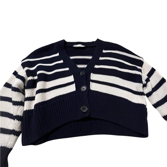 ZARA Cropped Striped Knit Sweater Cardigan Navy White Coastal Grandma Preppy Sml - Picture 2 of 6